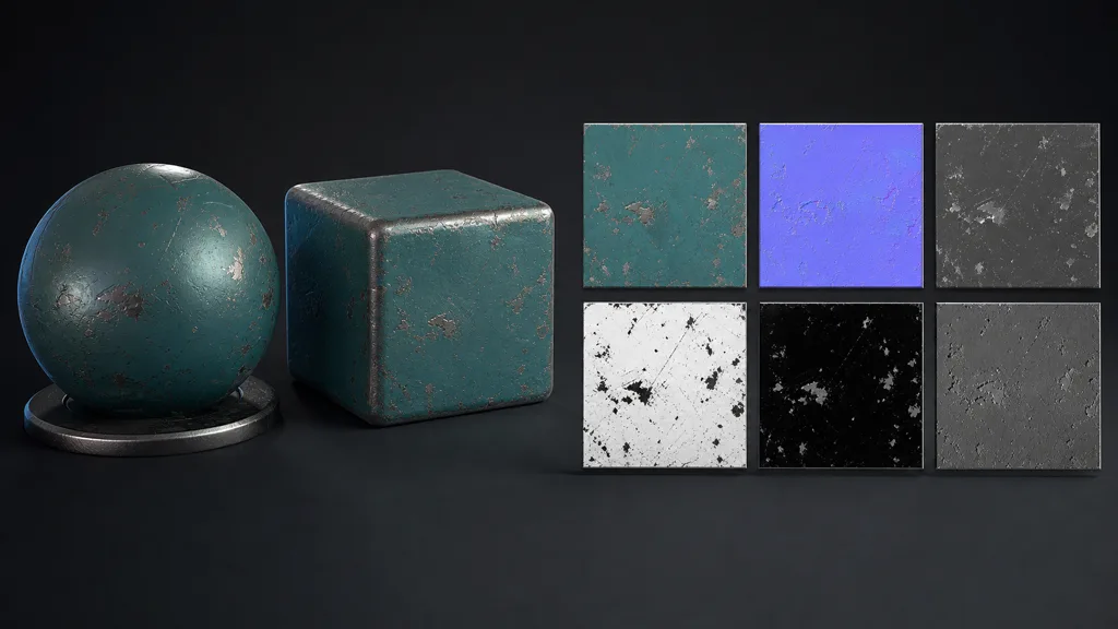 Weathered teal metal sphere and cube beside six aligned base-colour, normal, roughness, metalness, AO, and height texture samples