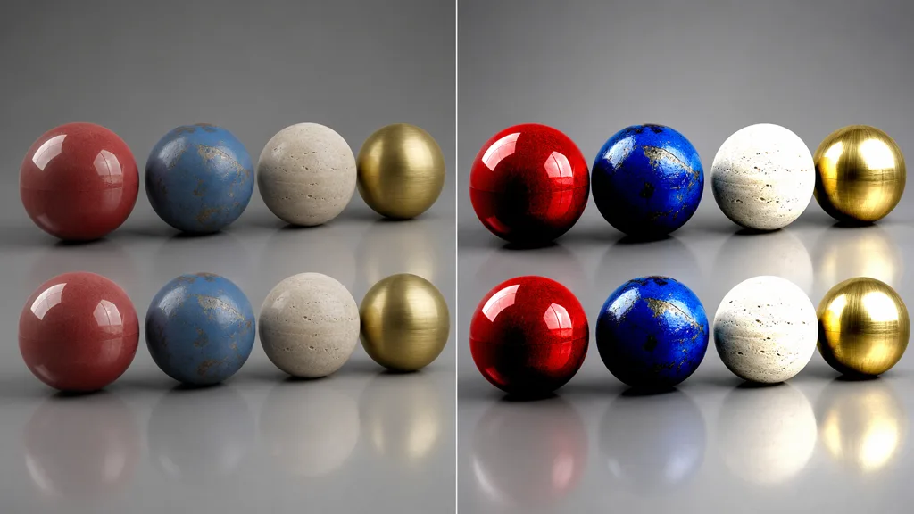 Two identical rows of red ceramic, blue painted metal, limestone, and brass spheres showing balanced rendering beside crushed and oversaturated colour-space errors