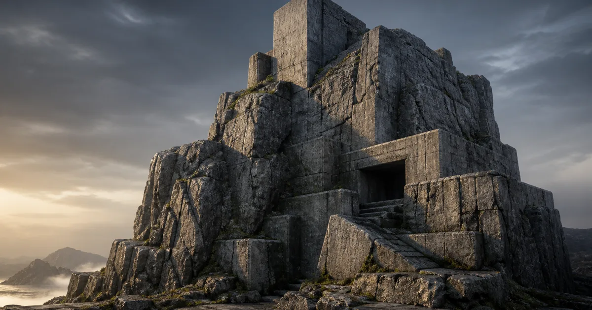 Weathered stone ruin integrated into a rocky cliff with consistent material scale across ledges walls and sharp corners