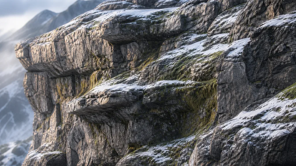 Mountain cliff with granite on steep faces snow on upward ledges and moss in sheltered transition zones