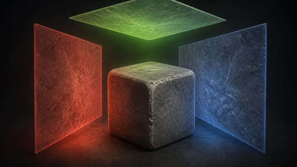 Stone cube surrounded by three perpendicular material projection planes with red green and blue edge lighting