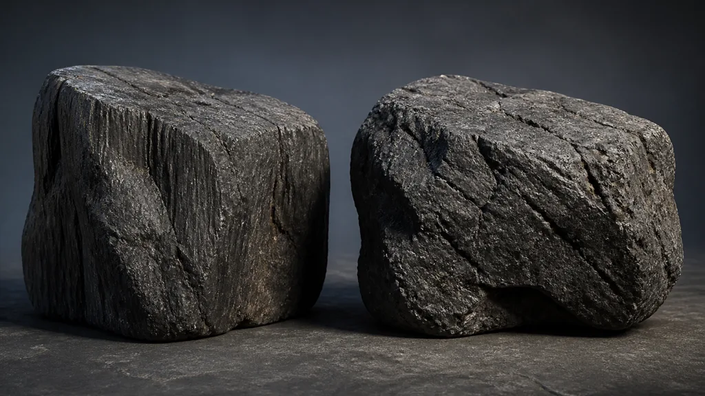 Two basalt boulders comparing vertically stretched surface detail with consistently scaled projected rock texture