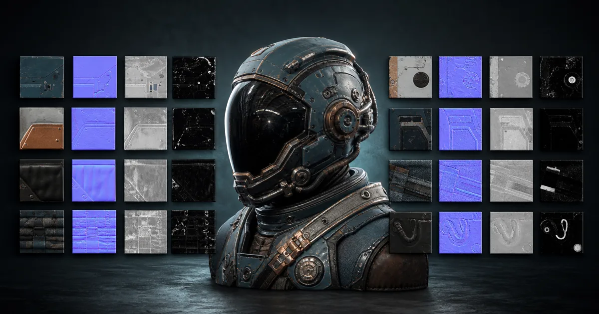 Detailed explorer helmet surrounded by coordinated square base-color, normal, roughness, and metalness texture tiles