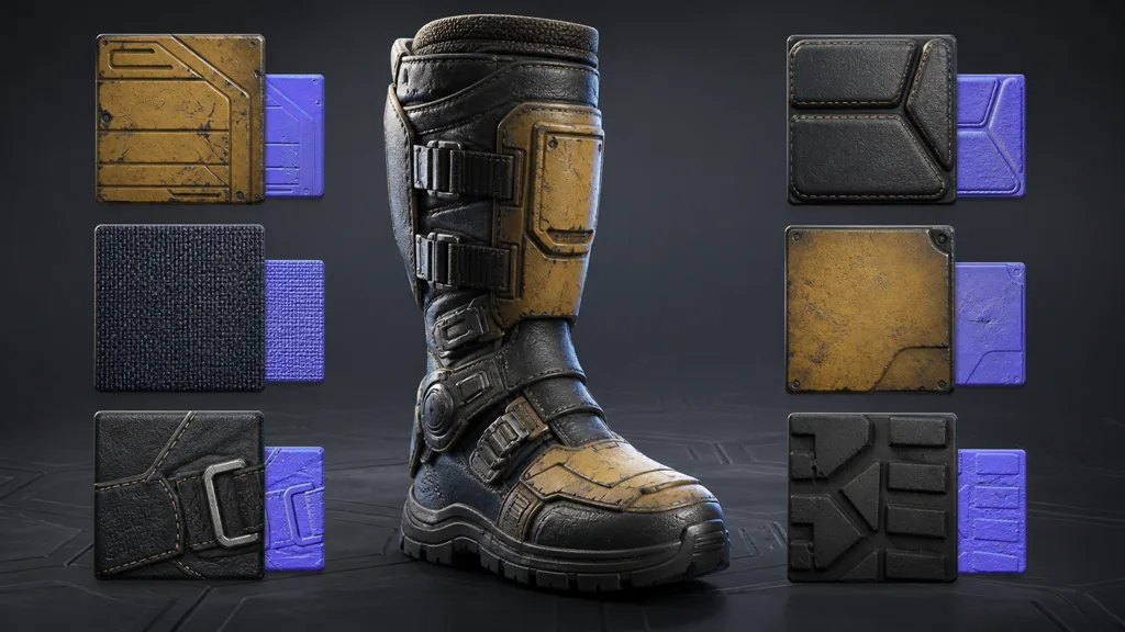 Detailed armored boot surrounded by square material and normal tiles for metal, leather, fabric, and rubber regions