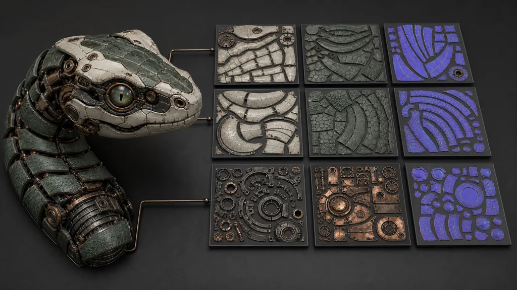 Mechanical reptile head beside nine coordinated square texture tiles containing organized surface regions and normal-map detail