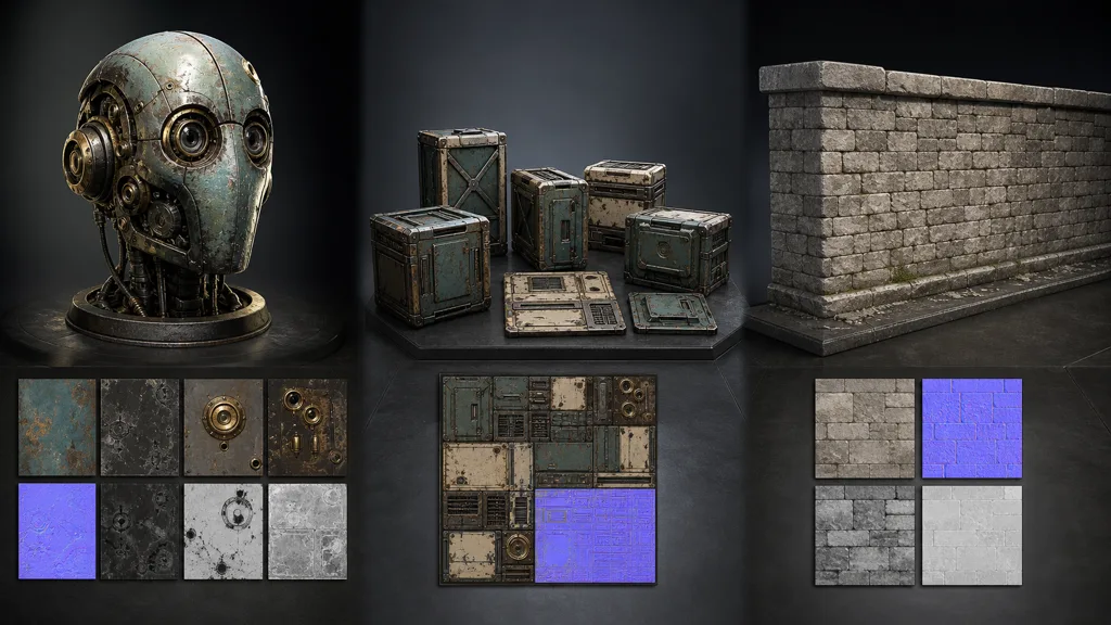 Detailed robot head with multiple texture tiles, modular crates sharing an atlas, and a stone wall using a repeating material