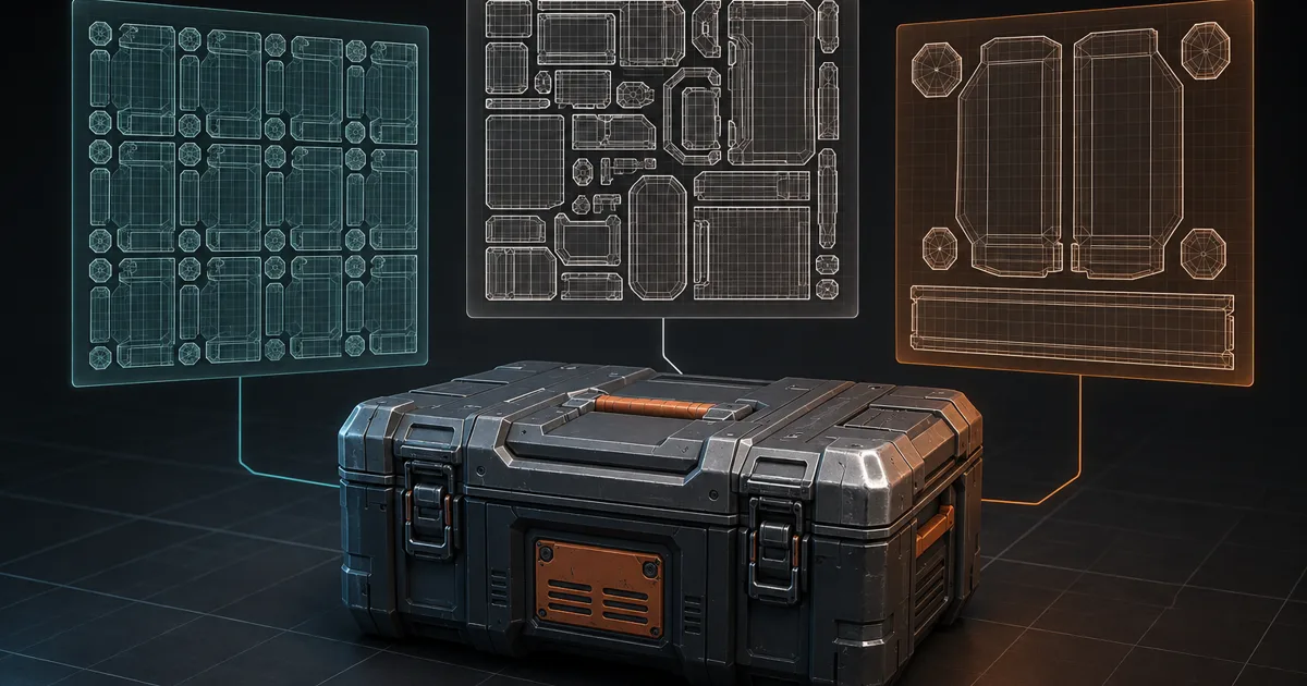 Hard-surface equipment case with three different UV island layouts floating behind it