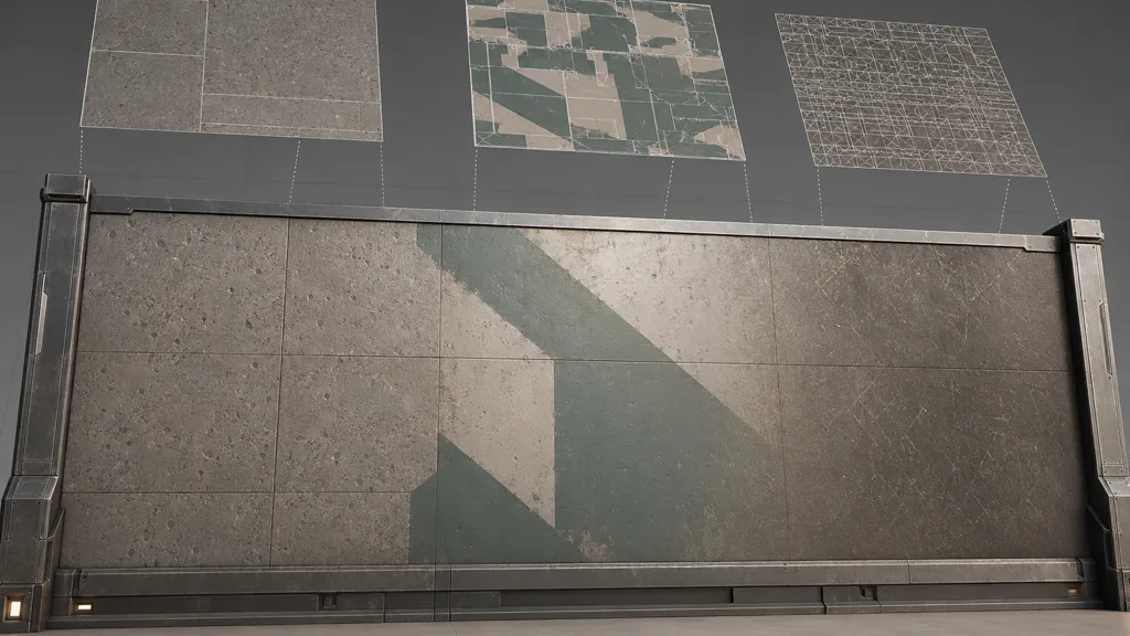 Industrial wall combining broad concrete, uniquely placed paint, and fine surface detail from three texture layouts