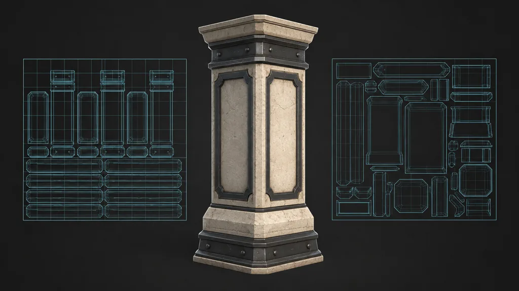 Architectural pillar between an overlapping repeat layout and a uniquely packed UV layout