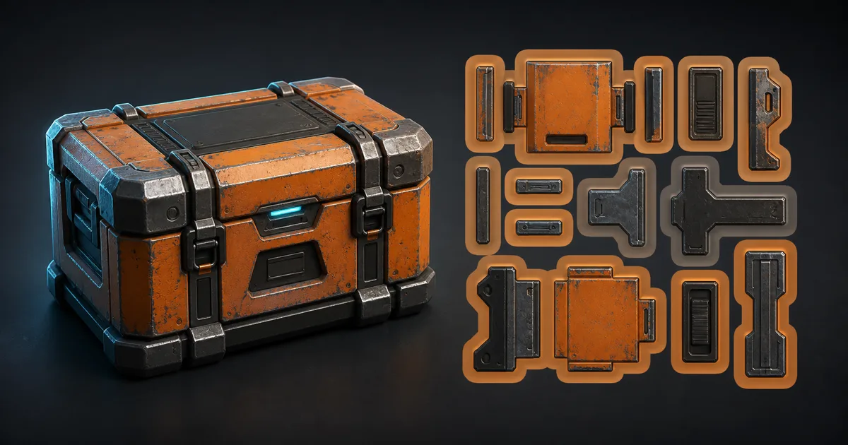 Orange hard-surface crate beside separated UV islands surrounded by wide matching texture borders