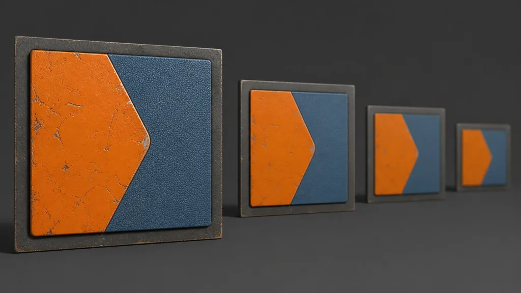 Four orange and blue material panels receding through progressively smaller and softer mip-like views