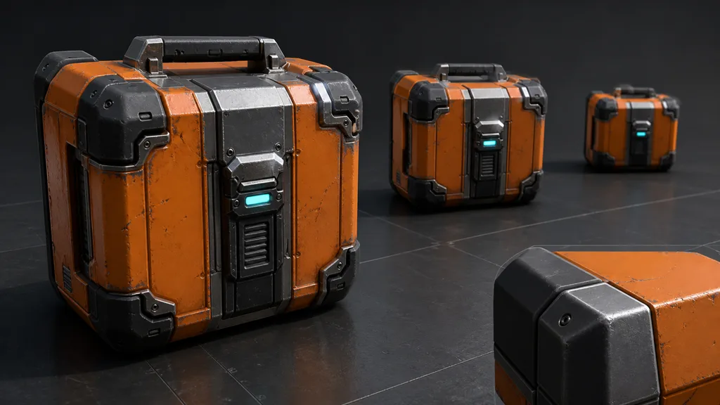 Matching orange hard-surface cases at close, medium, and far distance with a separate clean beveled corner sample