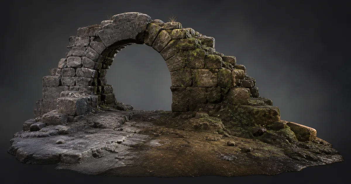 Ancient stone arch with moss, damp dirt, and worn stone blended naturally across one environment mesh