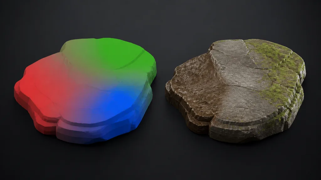 Stone slab shown first with interpolated red green and blue vertex masks and then as blended mud stone and moss