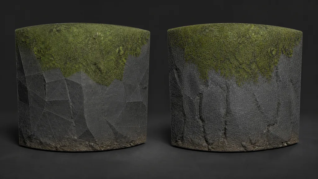 Two curved rock meshes comparing angular low-density vertex painting with a controlled dense-mesh transition