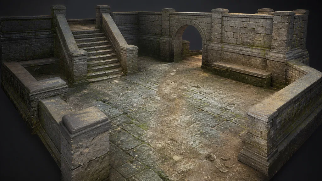 Modular stone courtyard with moss in damp joints dust on ledges and a worn dirt path across the paving