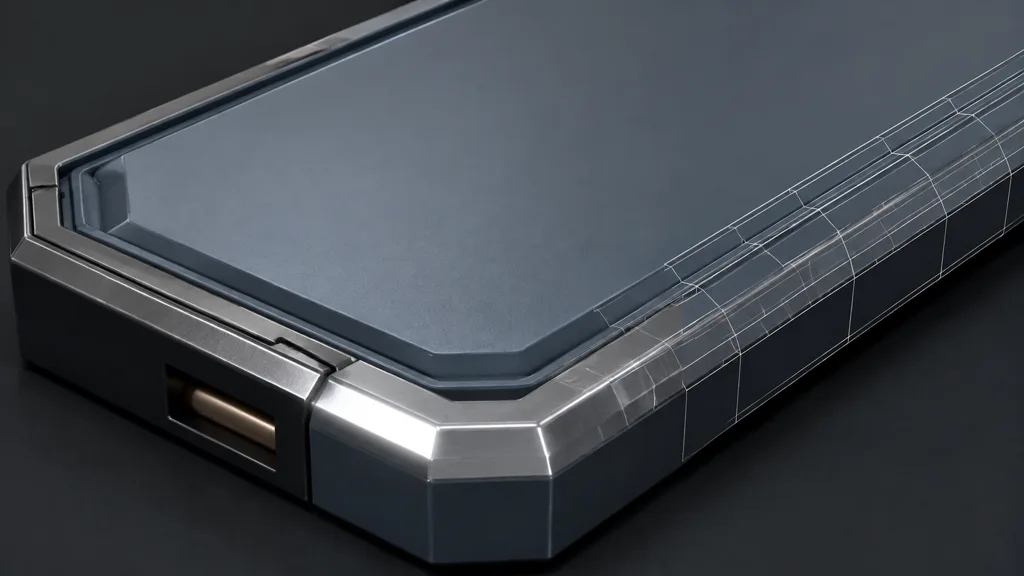 Painted metal access panel with a narrow beveled edge, continuous highlight, and partial topology overlay