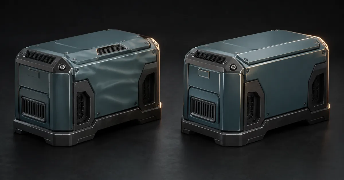 Matching hard-surface equipment cases with wavy unweighted shading and clean weighted-normal shading