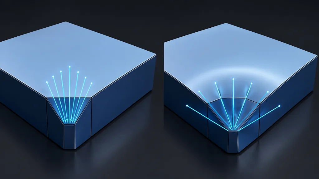 Two beveled blocks comparing normal vectors that preserve a flat panel with vectors that bend its reflection