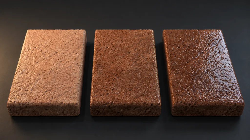 Three matching porous stone samples showing dry, damp, and thin-water-film material response