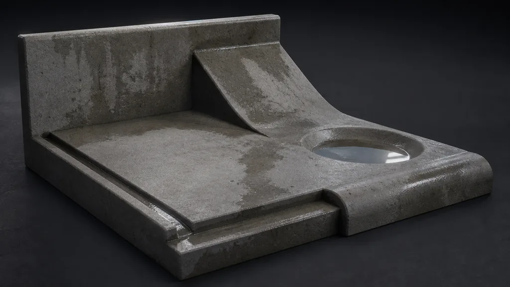 Concrete material test rig with a wall, ramp, groove, shallow bowl, ledges, and partial wetness