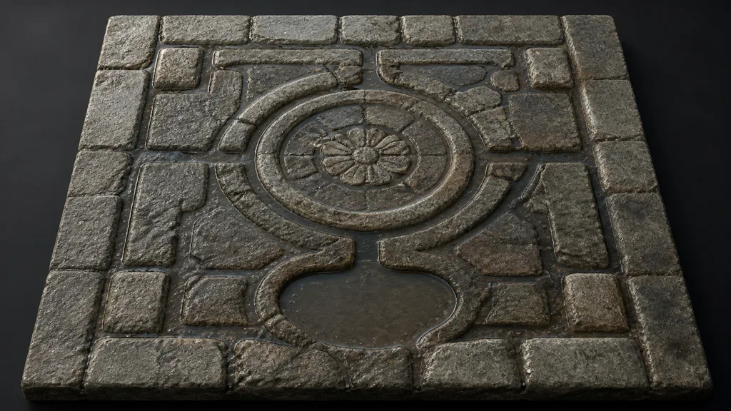 Weathered stone courtyard relief with water retained in joints, channels, and a shallow low basin