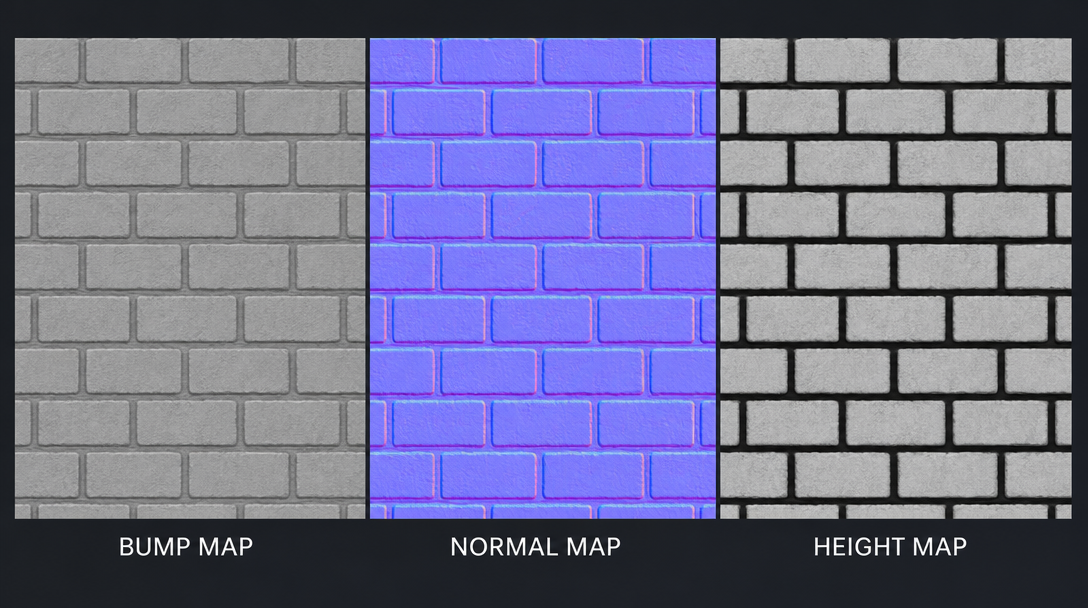 Bump map, normal map, and height map of the same brick wall, side by side as a triptych for comparison