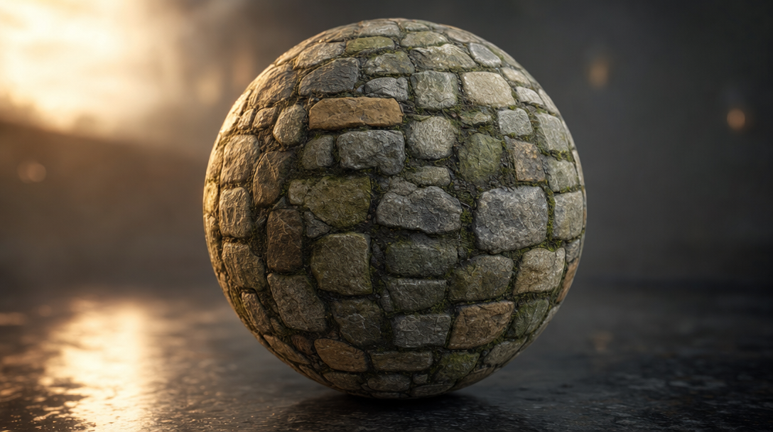 Cobblestone PBR material rendered on a sphere with golden-hour lighting — normal maps in production