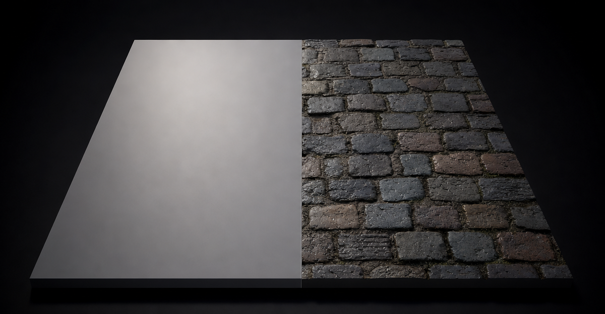 Split-screen 3D render — a flat grey polygon plane on the left and the same plane rendered as detailed cobblestone via a normal map on the right