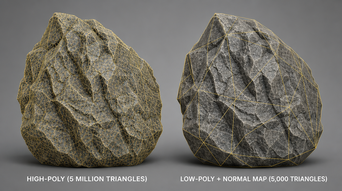 High-poly rock with dense wireframe next to the same rock as a low-poly model with a baked normal map applied — both visually identical