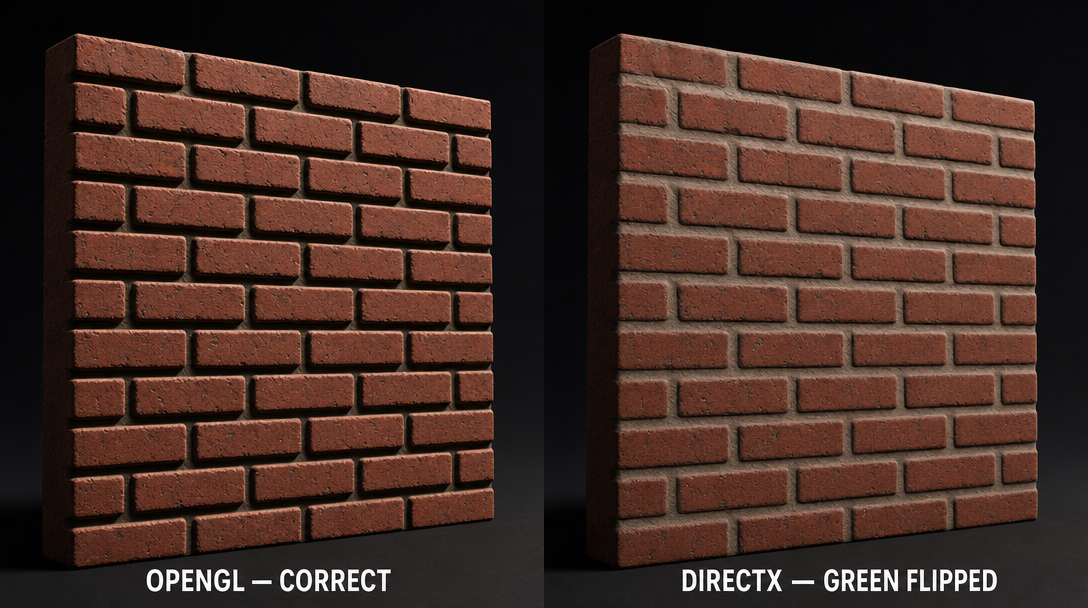 Same brick wall rendered with OpenGL convention (bricks raised correctly) and DirectX convention (bricks dented inward) — the green-channel flip in action