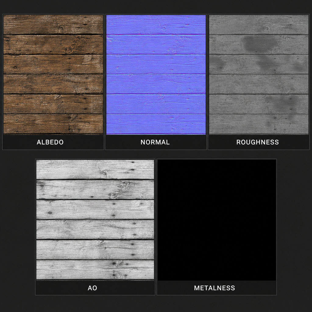 Five PBR texture maps generated from a single text prompt for a weathered oak plank — albedo, normal, roughness, ambient occlusion, and metalness