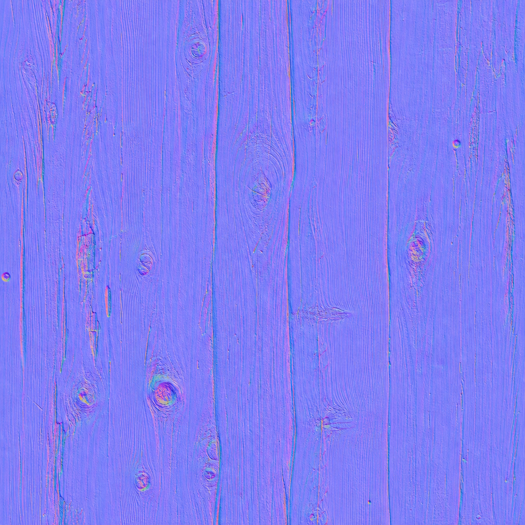 Tangent-space normal map texture for a wooden plank — predominantly purple-blue with subtle green and red variations along the wood grain