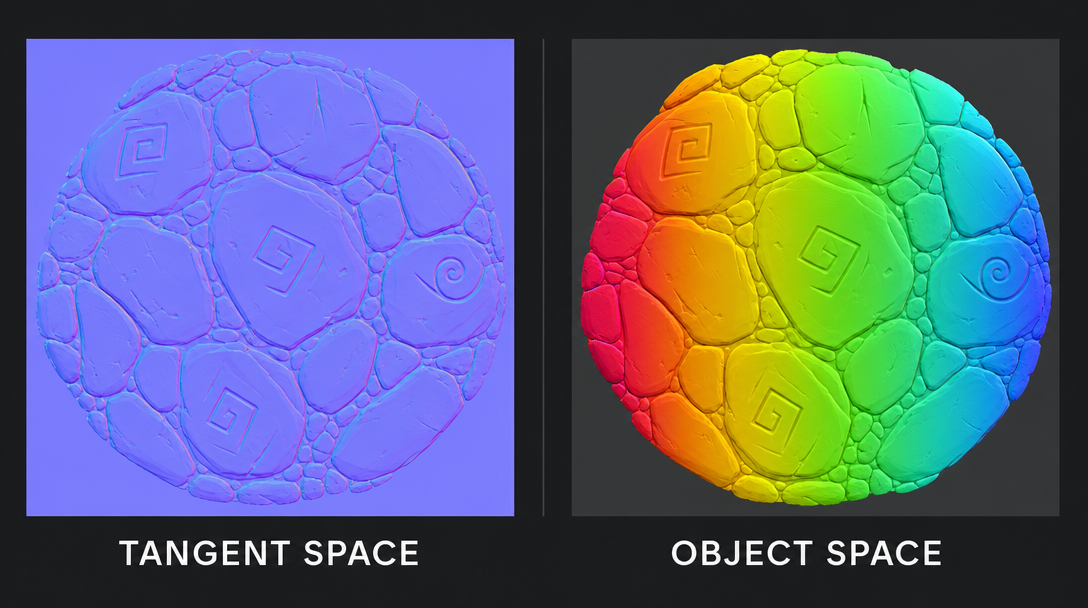 Side-by-side comparison of tangent-space (purple) and object-space (rainbow) normal maps of the same stylised 3D rock
