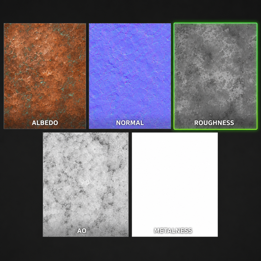 A full PBR texture set generated from a single text prompt for weathered copper — albedo, normal, roughness, ambient occlusion, and metalness shown as five tiles