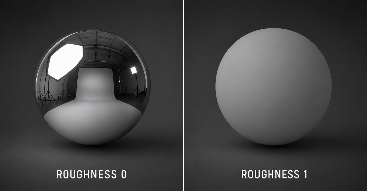 Two identical spheres rendered side by side — left is a polished chrome ball with a sharp reflection, right is a matte rubber ball with diffuse shading — labelled 'roughness 0' and 'roughness 1'
