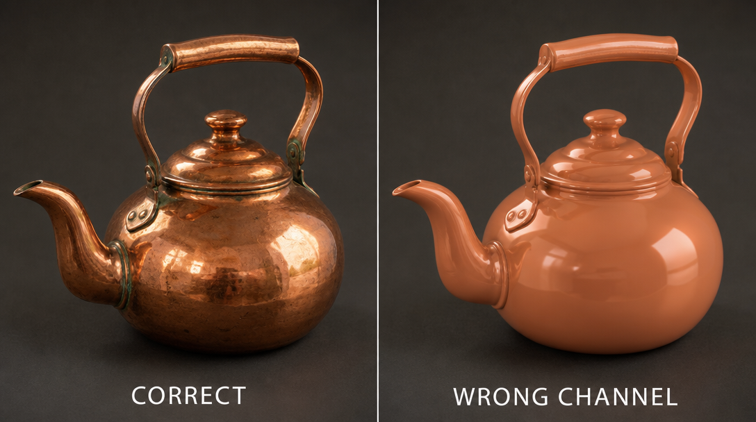 Same copper teapot rendered twice — left with a correct roughness map looking like real copper, right with the channel order wrong and the surface looking like glossy plastic