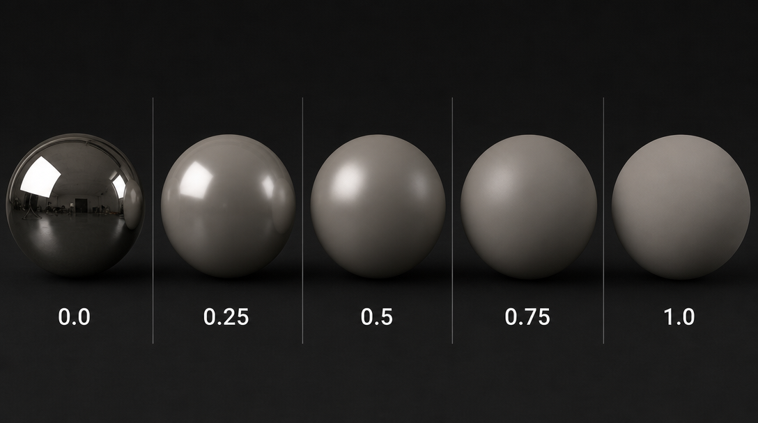 Five identical spheres rendered in a row with roughness values 0.0, 0.25, 0.5, 0.75, and 1.0 — same albedo and lighting, showing the gradient from mirror reflection to fully matte