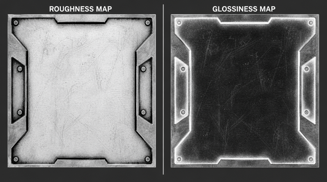 Two grayscale texture maps shown side by side — the left labelled 'roughness' with black smooth areas and white rough areas, the right labelled 'glossiness' with the values inverted
