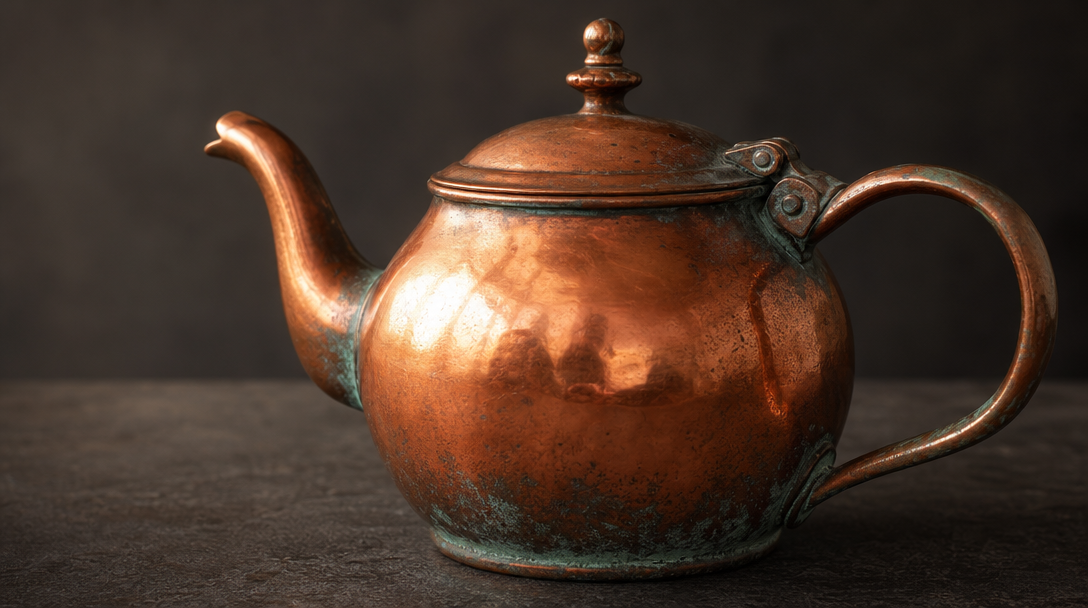 A weathered copper teapot rendered in a softly lit studio scene with a correct PBR roughness map driving the reflection variation across the surface